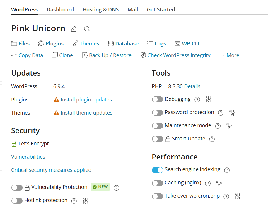 A control panel for WordPress! Search for your perfect domain name!